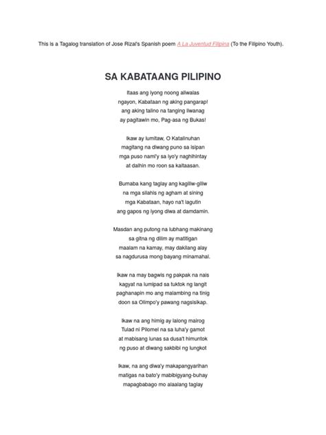 At eighteen years of age, Rizal won first prize for his poem “<b>To the Philippine Youth</b>” in 1879 in a poetry contest organized for Filipino poets by the Manila Lyceum of Art and Literature. . Sa kabataang pilipino meaning per stanza